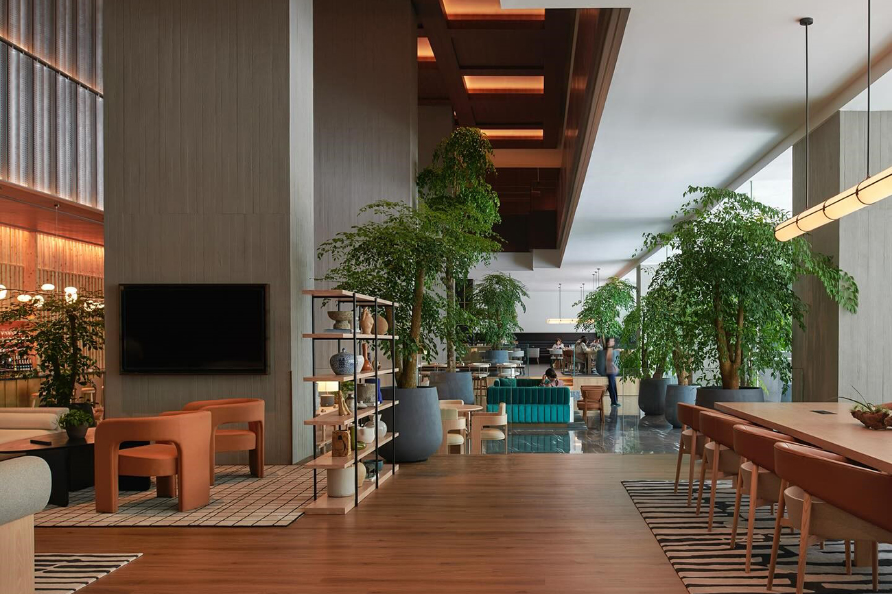 Spacious modern lounge with wooden floors, large potted plants, and stylish seating. Warm lighting and a cozy, inviting atmosphere.