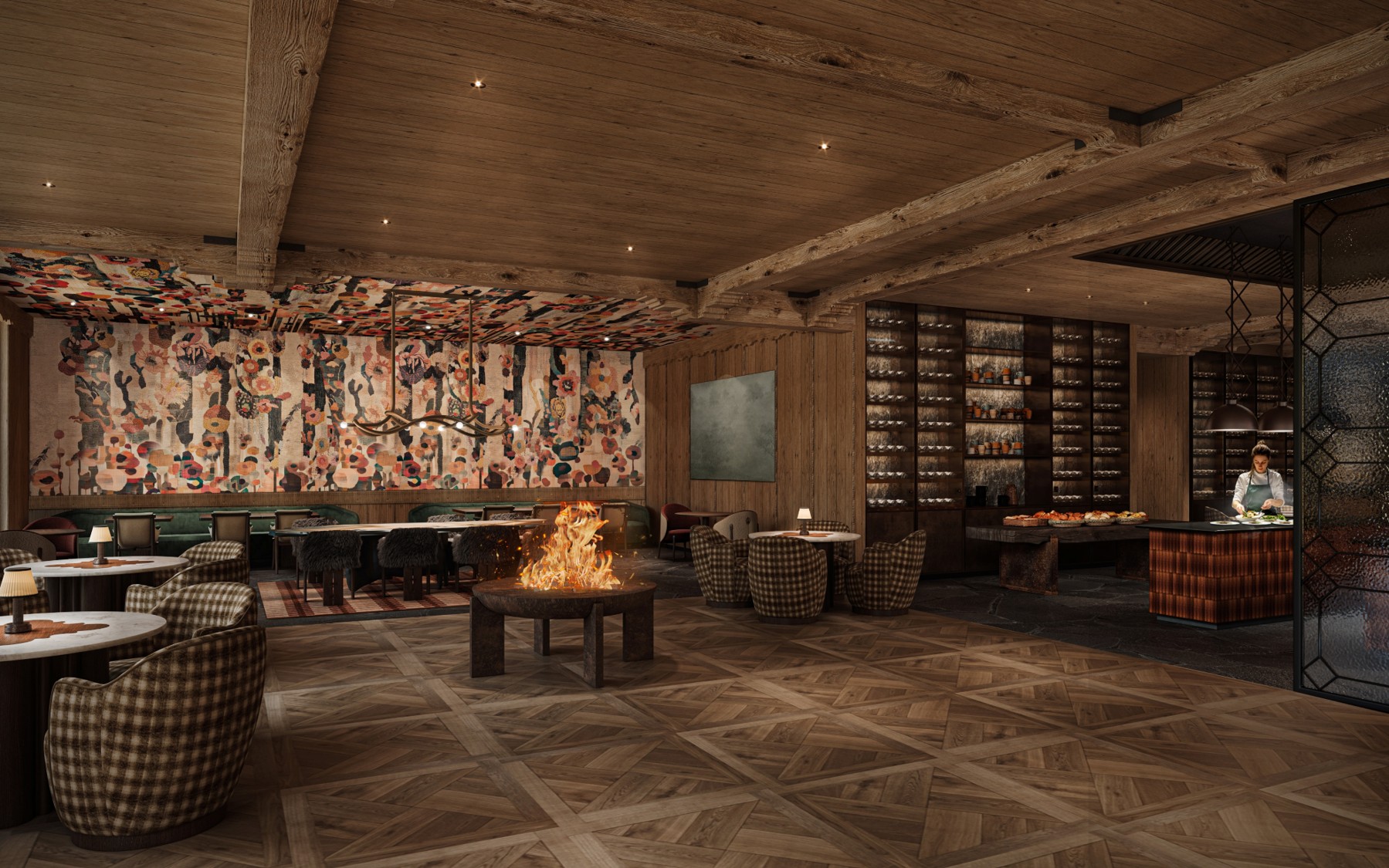 Stylish restaurant interior with a modern rustic design. Features a central round fireplace, patterned ceiling, and art on the walls. Cozy ambiance.