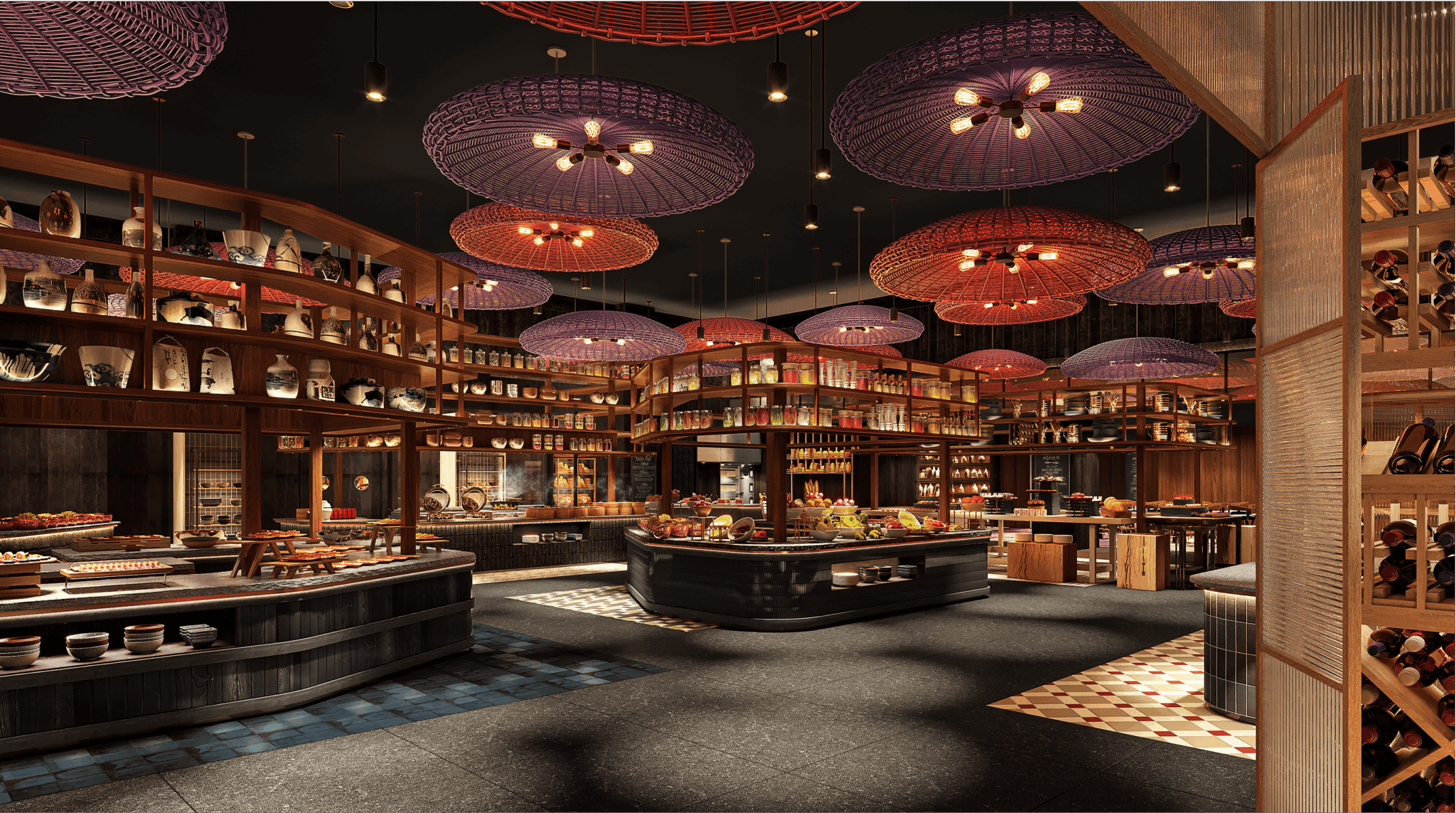 Luxurious all day dining area with intricate, colorful ceiling lights, ornate wooden shelves, and an array of food items displayed elegantly, creating a warm ambiance.