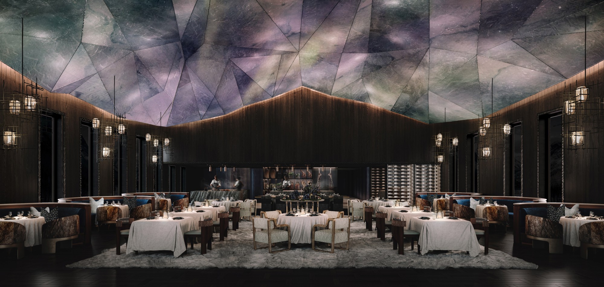 Luxurious restaurant interior with elegant, modern design. Features abstract, starry ceiling, soft lighting, and neatly arranged tables with white linens.