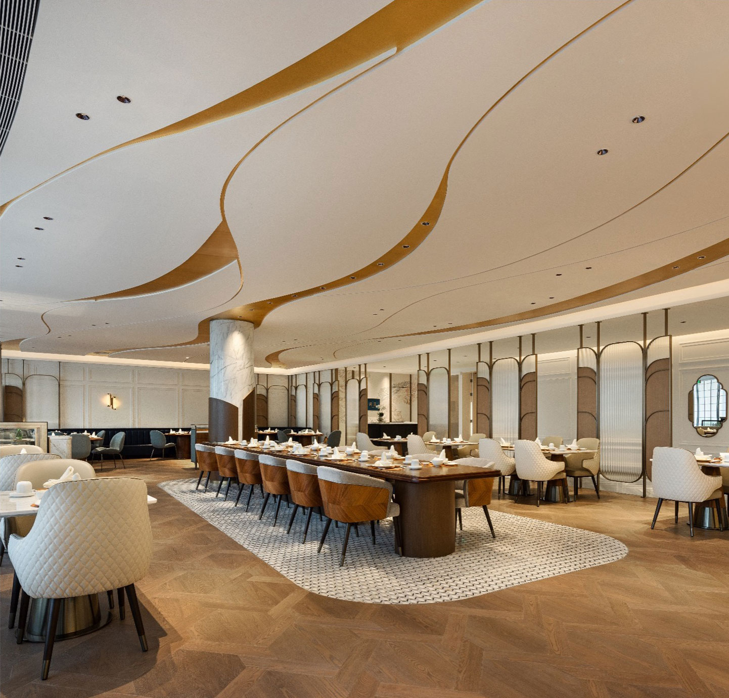 Modern restaurant interior with elegant design. Curved ceiling with gold accents, large wooden tables, cushioned chairs, and soft lighting create a sophisticated ambiance.