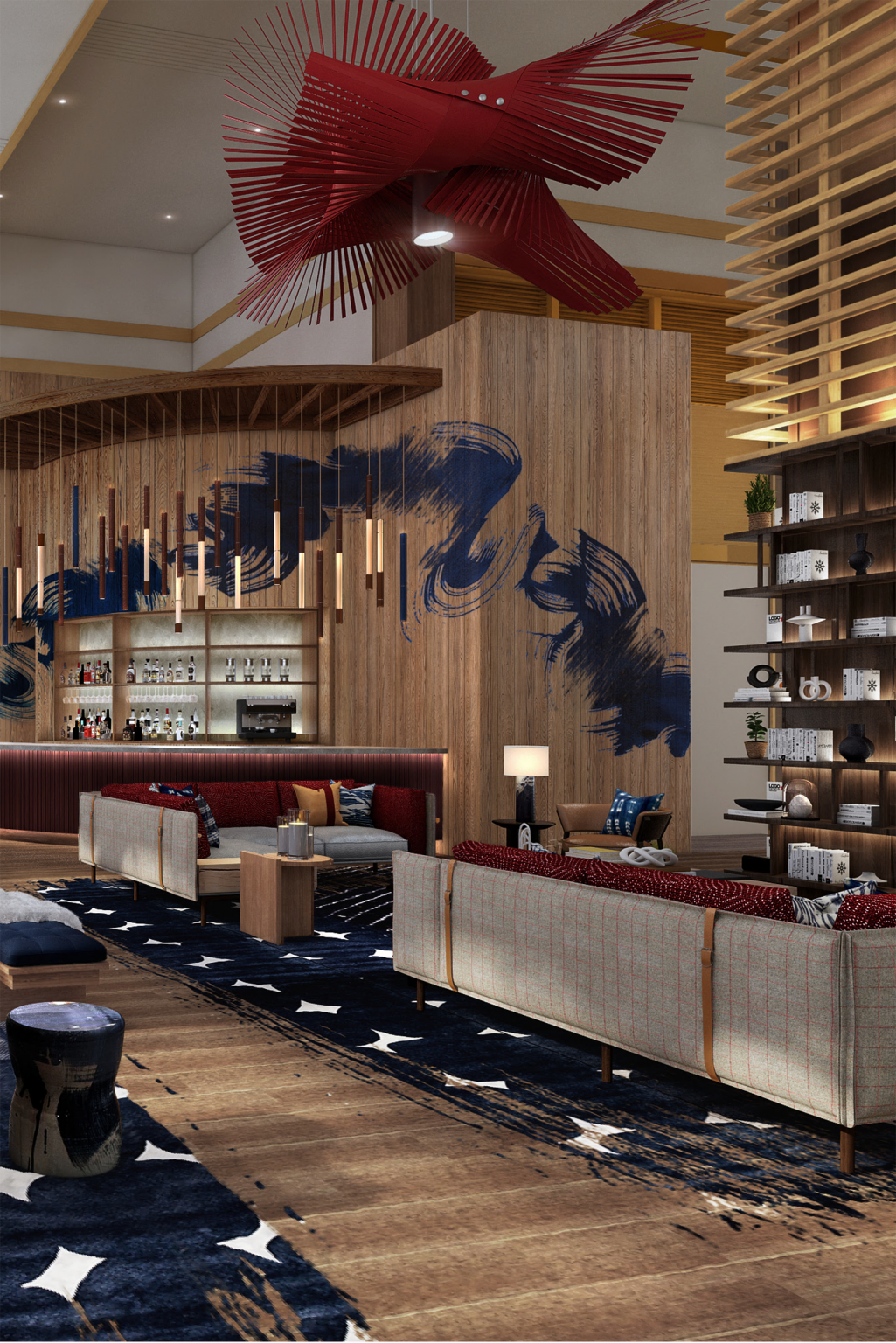 Stylish hotel lobby with modern decor. Features a wood-paneled bar, abstract wall art, red ceiling sculpture, and cozy seating, creating a welcoming atmosphere.