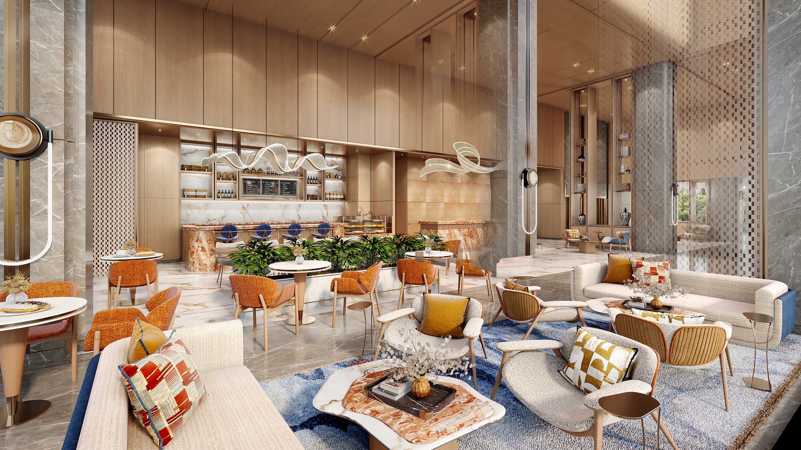 Luxurious modern lounge with high ceilings, wooden accents, and marble columns. Cozy seating, abstract art, and plants create a warm, inviting atmosphere.