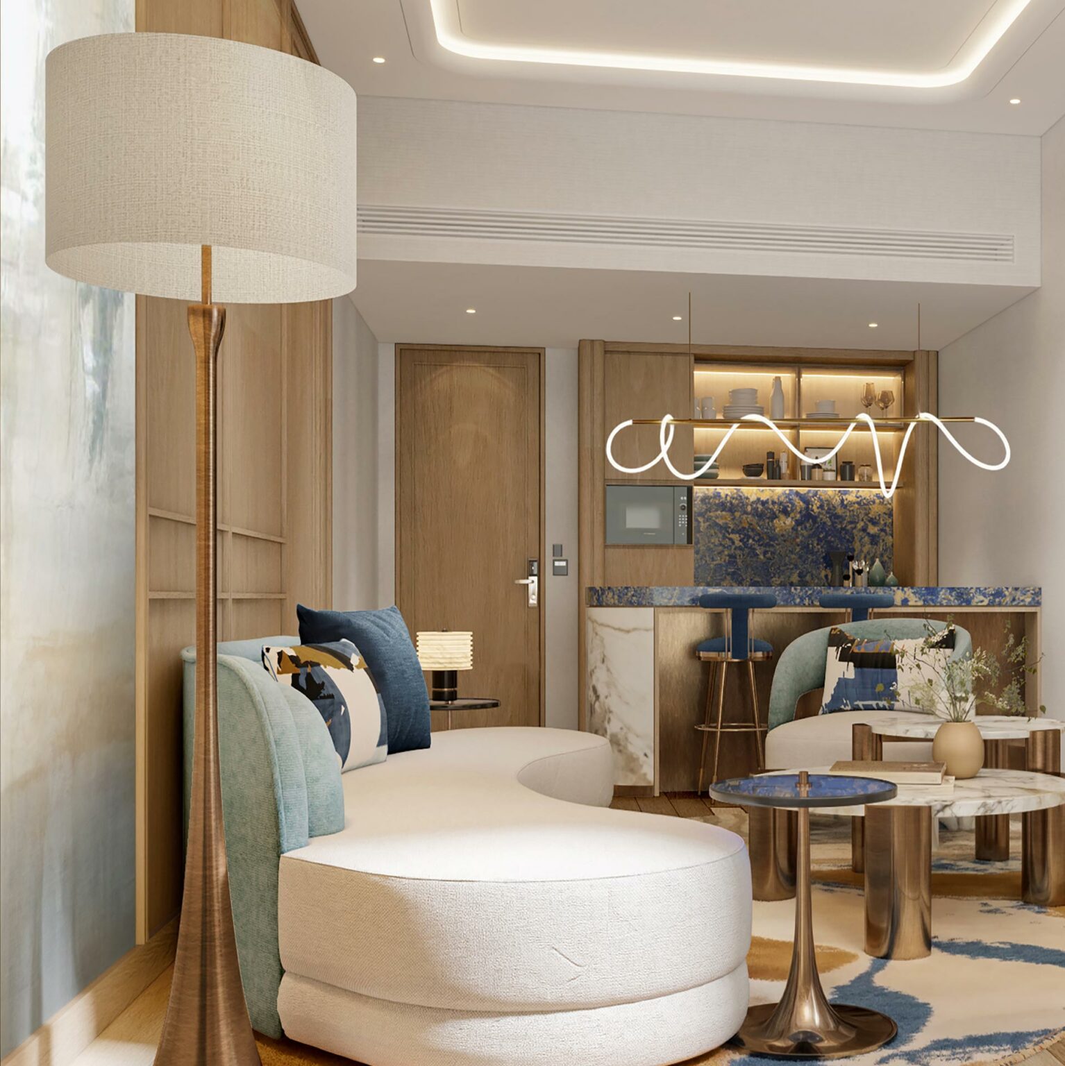 Modern living space with a curved white sofa, blue and gold accents, abstract rug, and elegant wooden furniture. A sleek lamp adds warmth.
