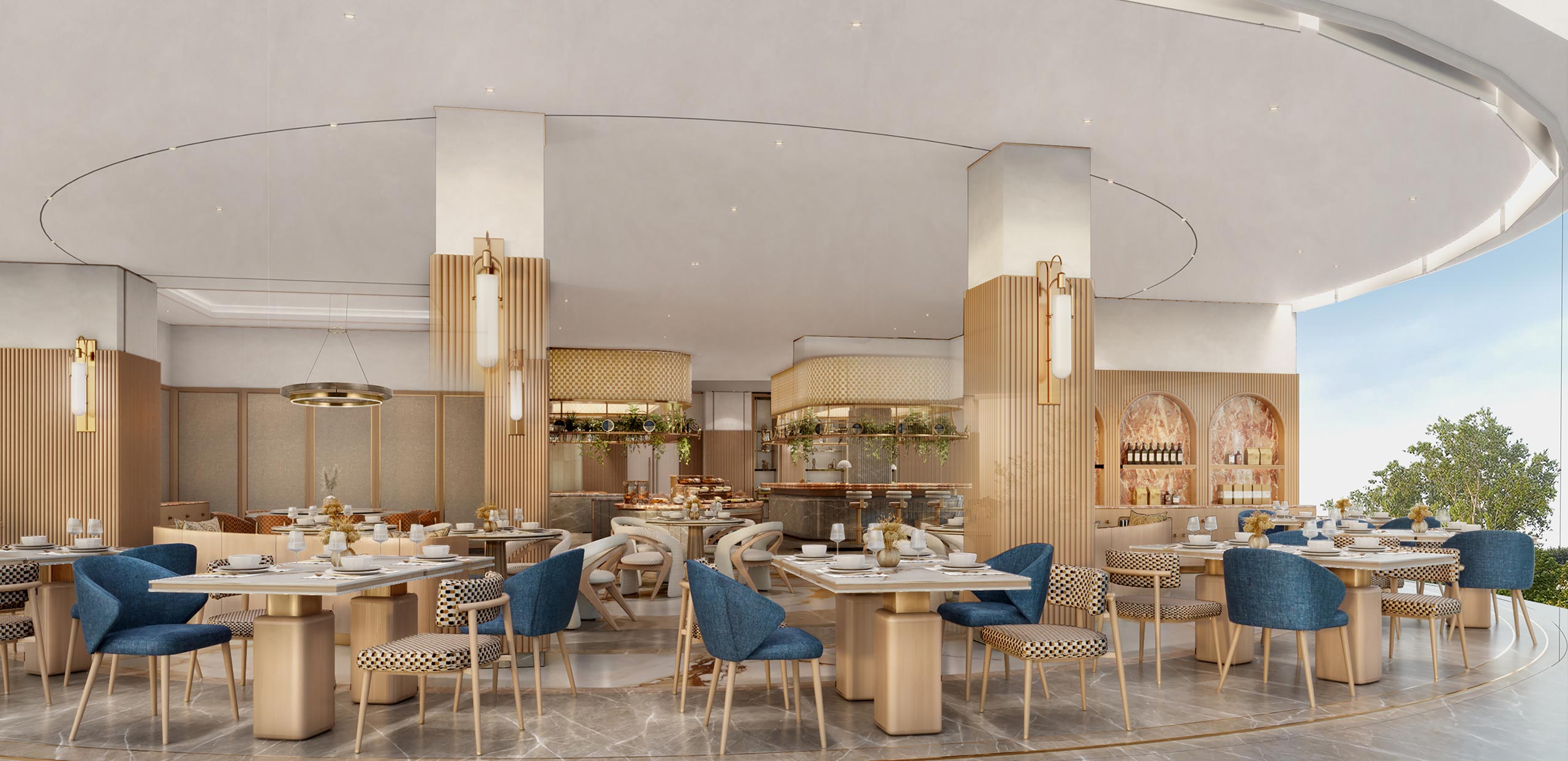 Elegant restaurant interior with blue and beige seating, wooden accents, and soft lighting. Circular ceiling design adds a modern, spacious feel.