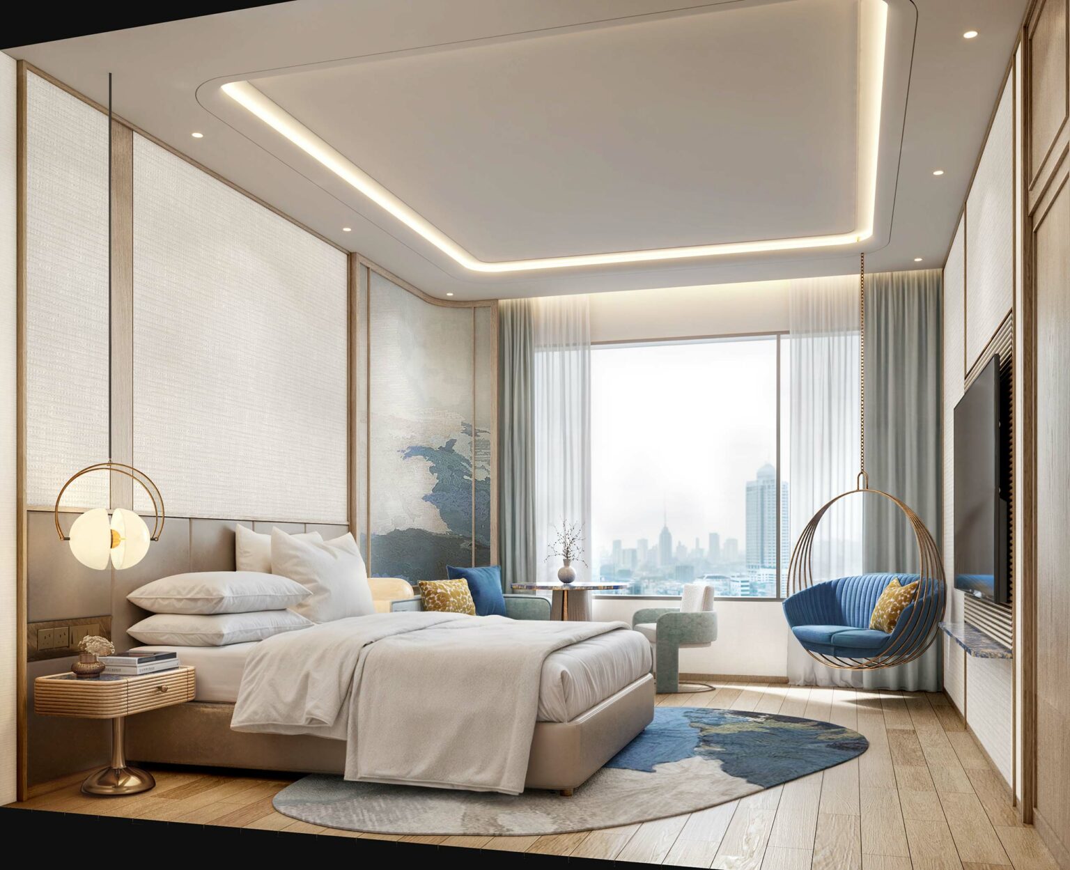 Modern bedroom with a minimalist design, featuring a large bed with white bedding, a hanging chair, and a window with a cityscape view. Calm and cozy ambiance.