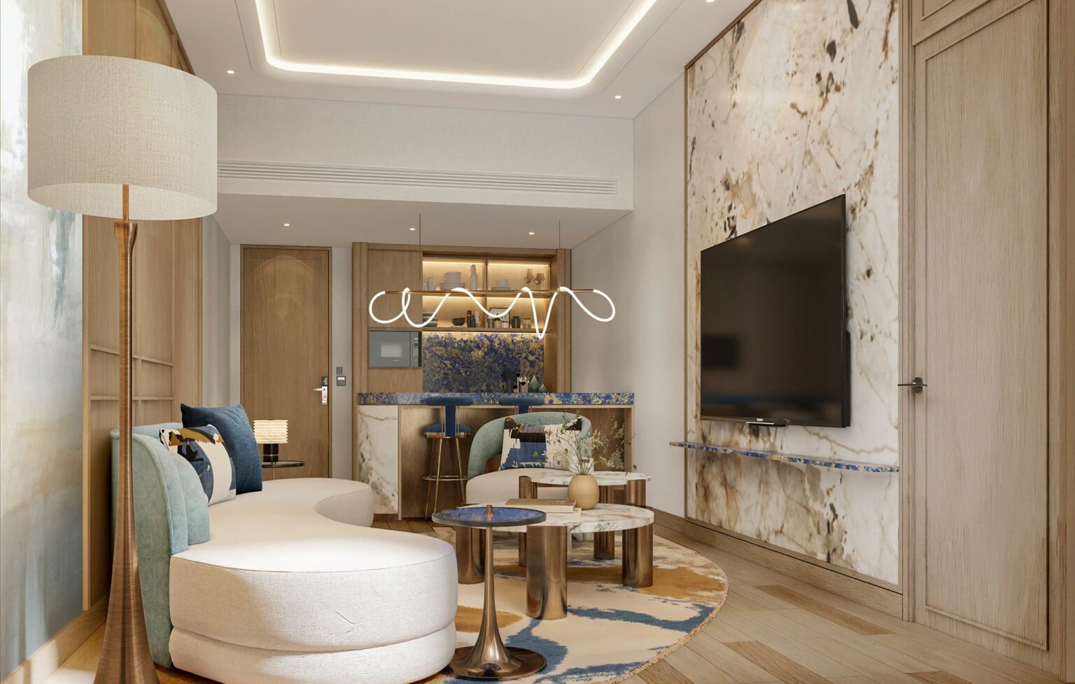 Modern living room with a large marble accent wall, mounted TV, and sleek furniture. A curved white sofa, round tables, and unique lighting create a cozy, elegant feel.