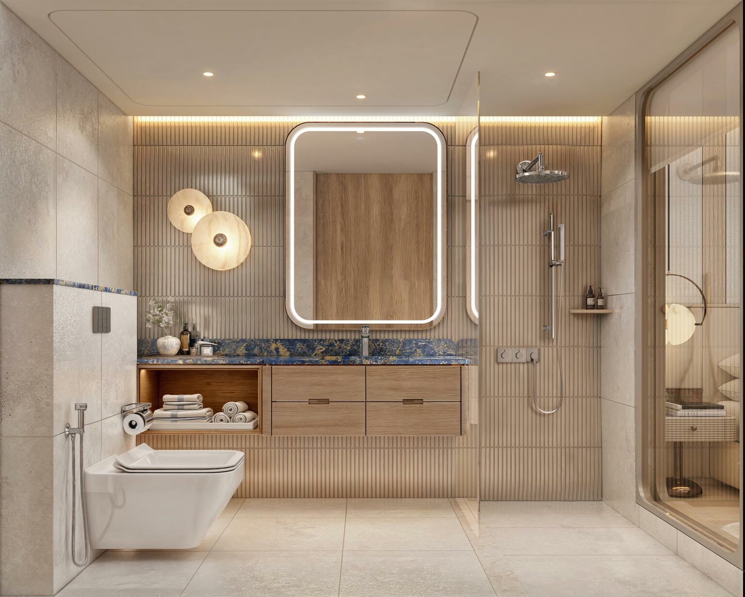 Modern bathroom with beige tiles, wall-mounted toilet, floating wooden vanity, large illuminated mirror, and glass shower. Soft, ambient lighting.