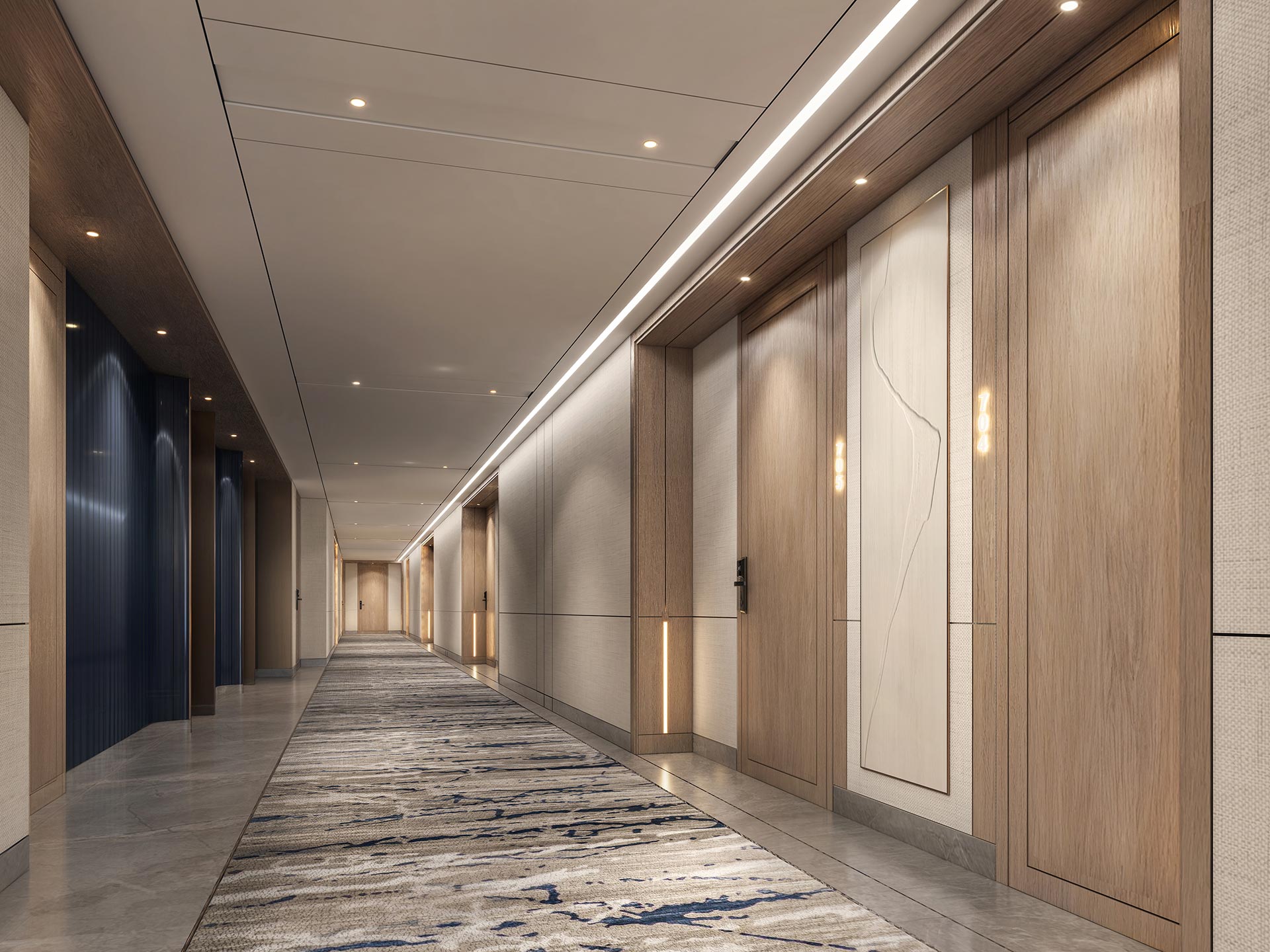Modern hotel hallway with sleek wooden doors and soft lighting. A patterned carpet leads down the corridor, creating a calm, elegant atmosphere.