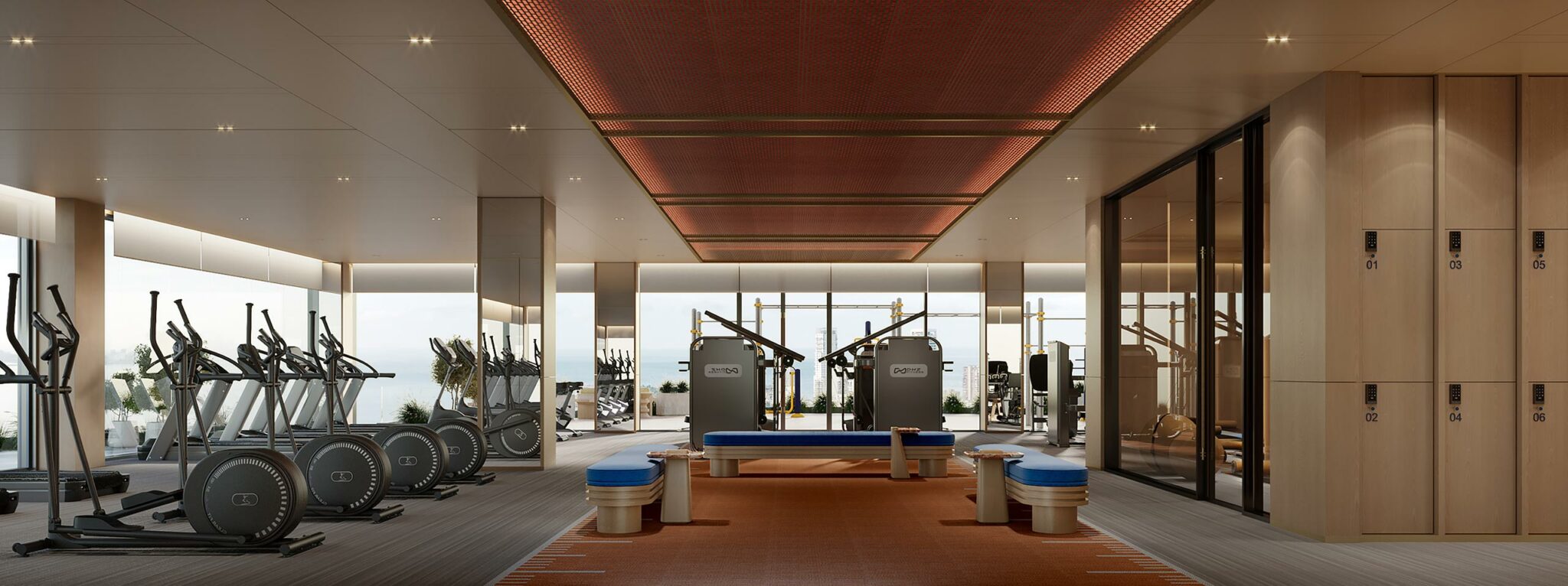 Modern gym interior with exercise machines and weights, featuring sleek equipment, mirrored walls, a warm color palette, and floor-to-ceiling windows.