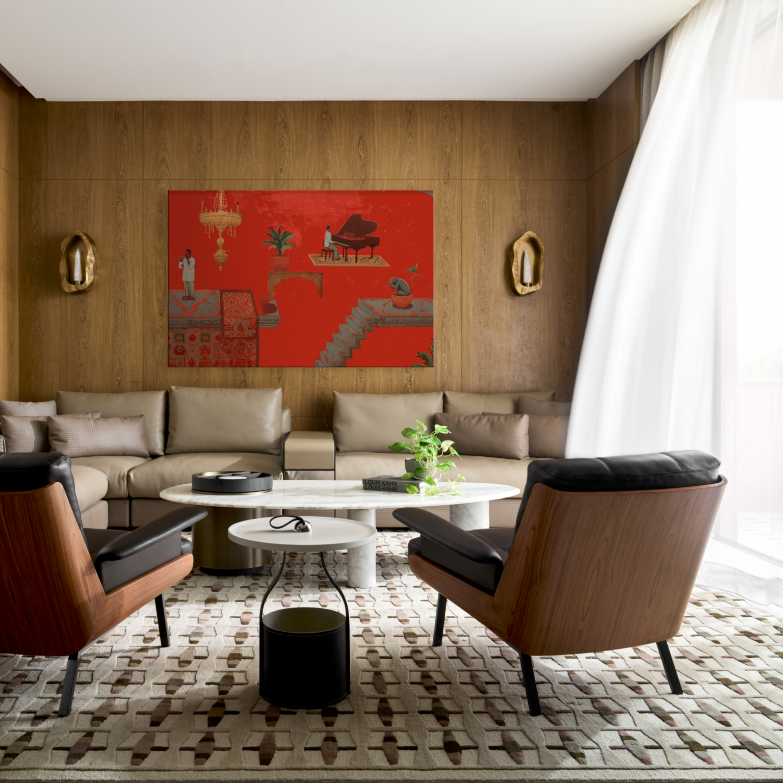 Modern living room with a beige sectional, two wooden armchairs, and a round white coffee table. Bold red art on wood-paneled wall, white curtain.