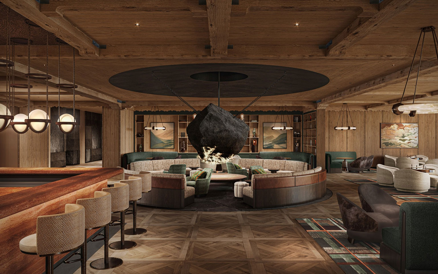A rustic-chic alpine hotel lounge clad in warm timber paneling and exposed wooden ceiling beams. At the center of the room, a dramatic floating stone fireplace suspended from a dark circular ceiling fixture glows over curved leather sectional sofas and plush armchairs. On the left, a solid wood bar counter is lined with upholstered barstools under hanging sphere light fixtures, while patterned parquet flooring grounds the atmospheric, dimly lit space.