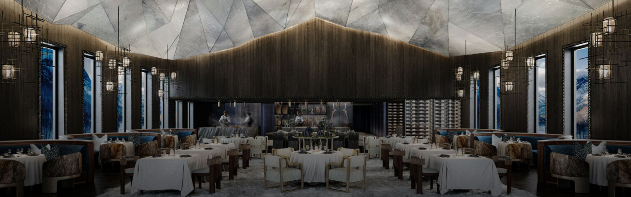 Luxurious restaurant interior with high ceilings, dim lighting, and elegant decor. Tables are set for dining, creating a sophisticated ambiance.