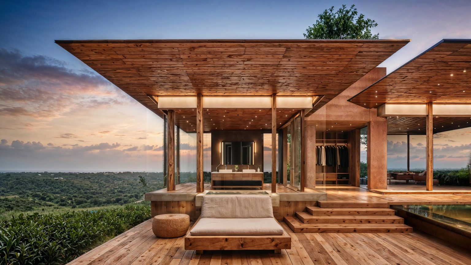 Modern tropical villa with broad wood roof, open-air living room, steps and pool overlooking lush forest and ocean in a warm sunset.